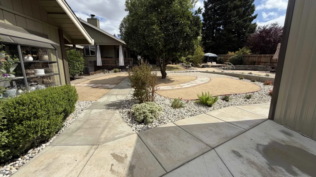 Concrete and flagstone paths around a tree with curved gravel and planted rock beds.